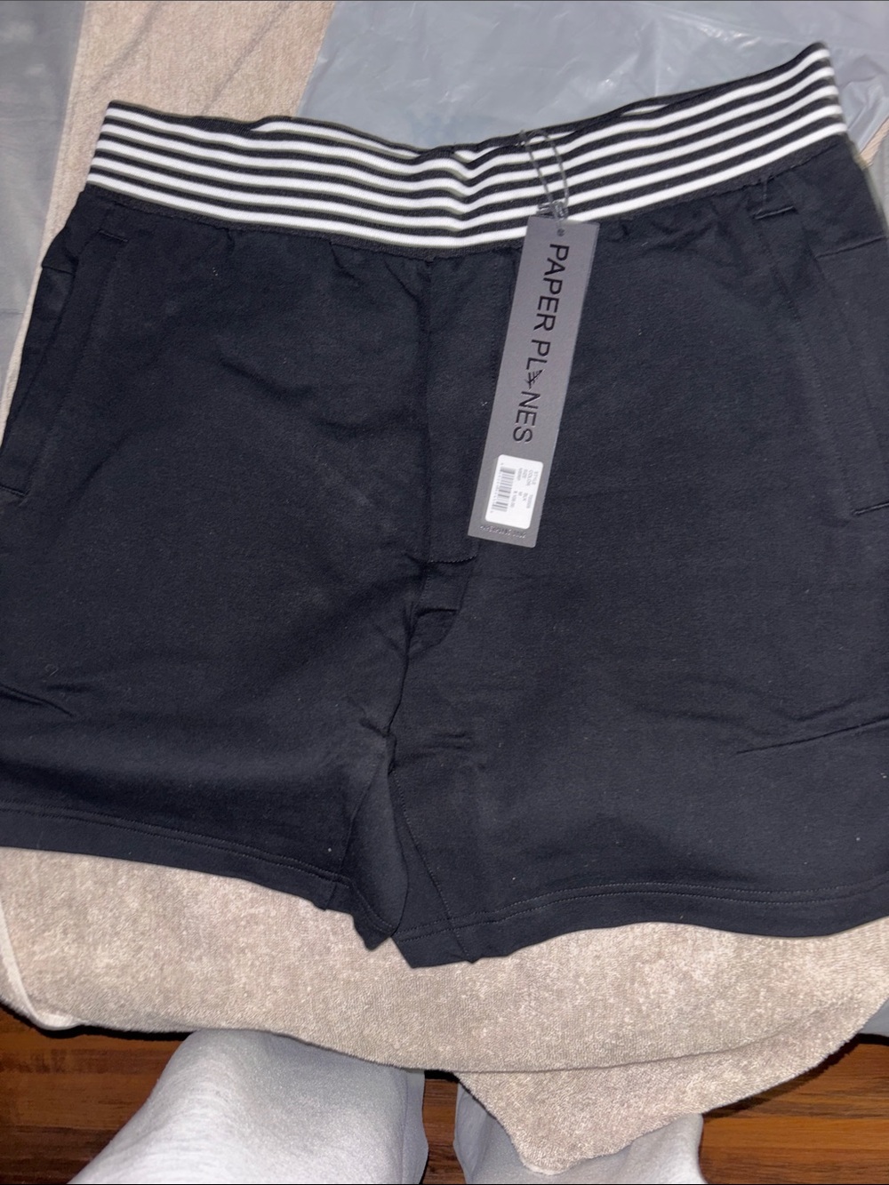 Paper Planes Black Knit Shorts with Striped Elastic Waist